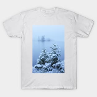 Foggy winter lake and spruce trees T-Shirt